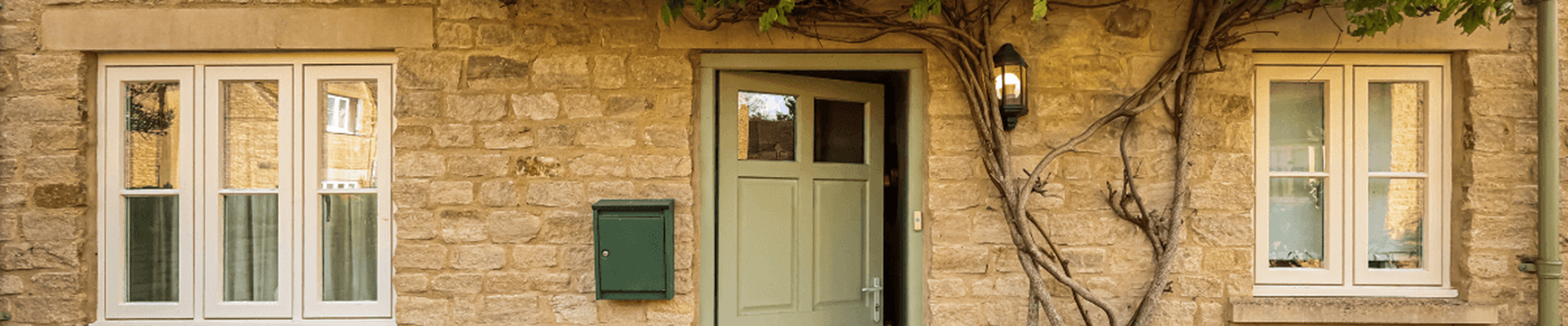 Residential home with a green door, light brown bricks and a large plant growing up the exterior of the home.